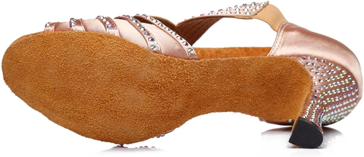 Women's Rhinestones Open Toe Elasticated Slip on Style Ballroom Tango Party Wedding Practice Performence Dance Shoes