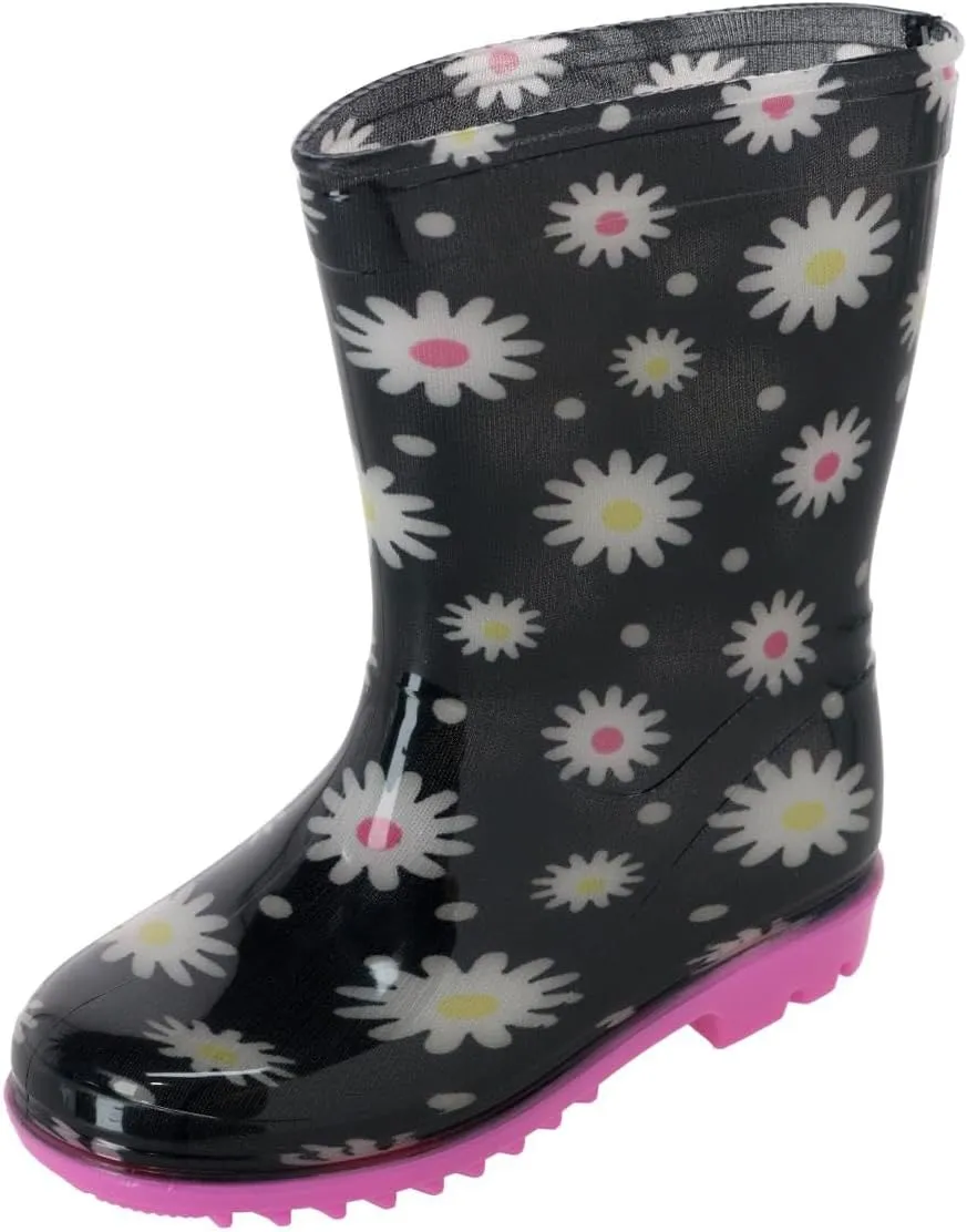 Wootie Toddler Girl's Daisy Floral Waterproof Rain Boots, 9, Black