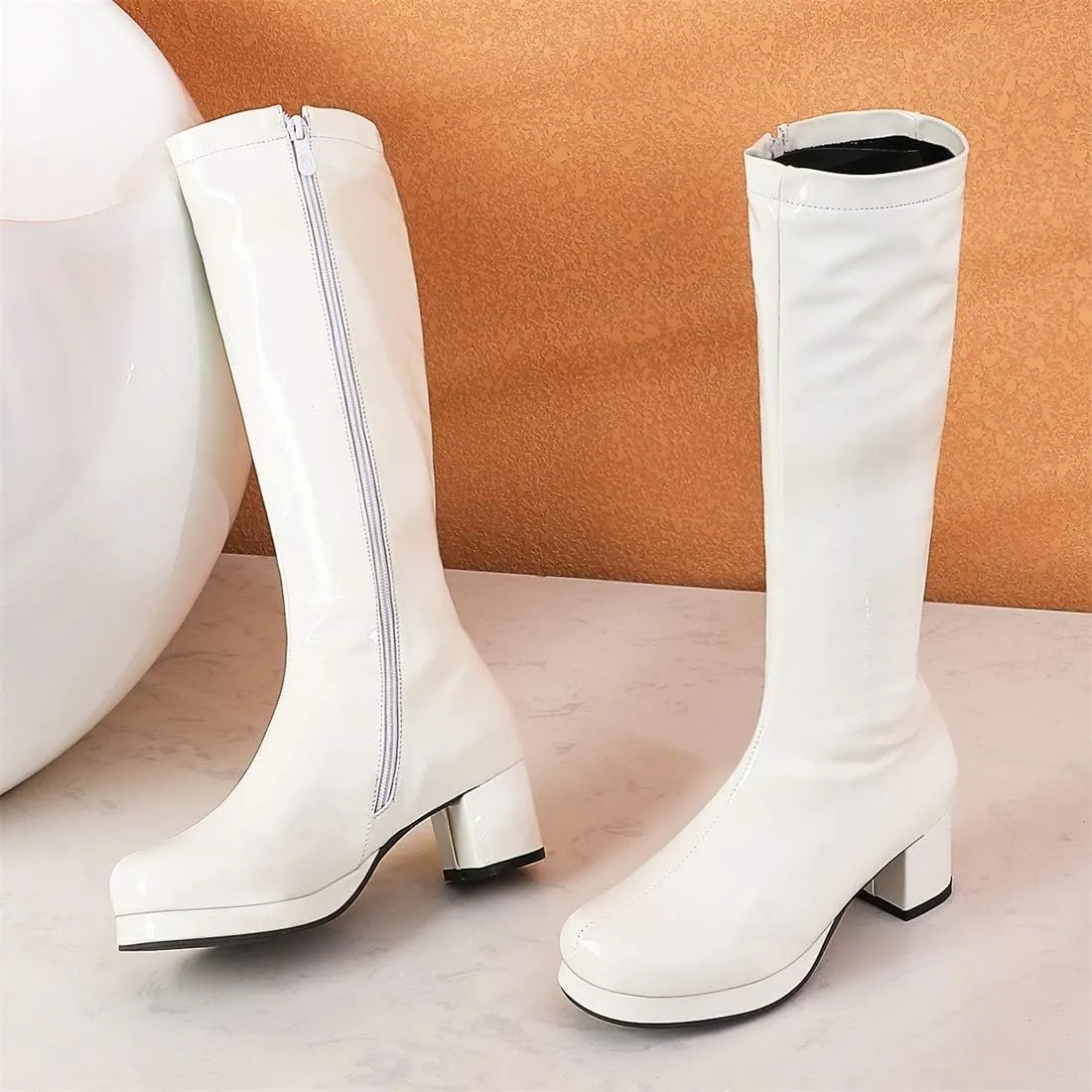 YIYA Women's Knee High GOGO Boots Colorful Patent Leather Waterproof Rain Boots Chunky Low Heel Party Costume Shoes