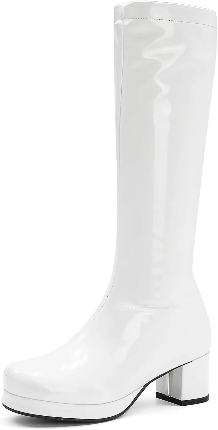 YIYA Women's Knee High GOGO Boots Colorful Patent Leather Waterproof Rain Boots Chunky Low Heel Party Costume Shoes