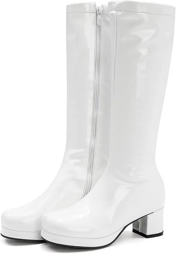YIYA Women's Knee High GOGO Boots Colorful Patent Leather Waterproof Rain Boots Chunky Low Heel Party Costume Shoes