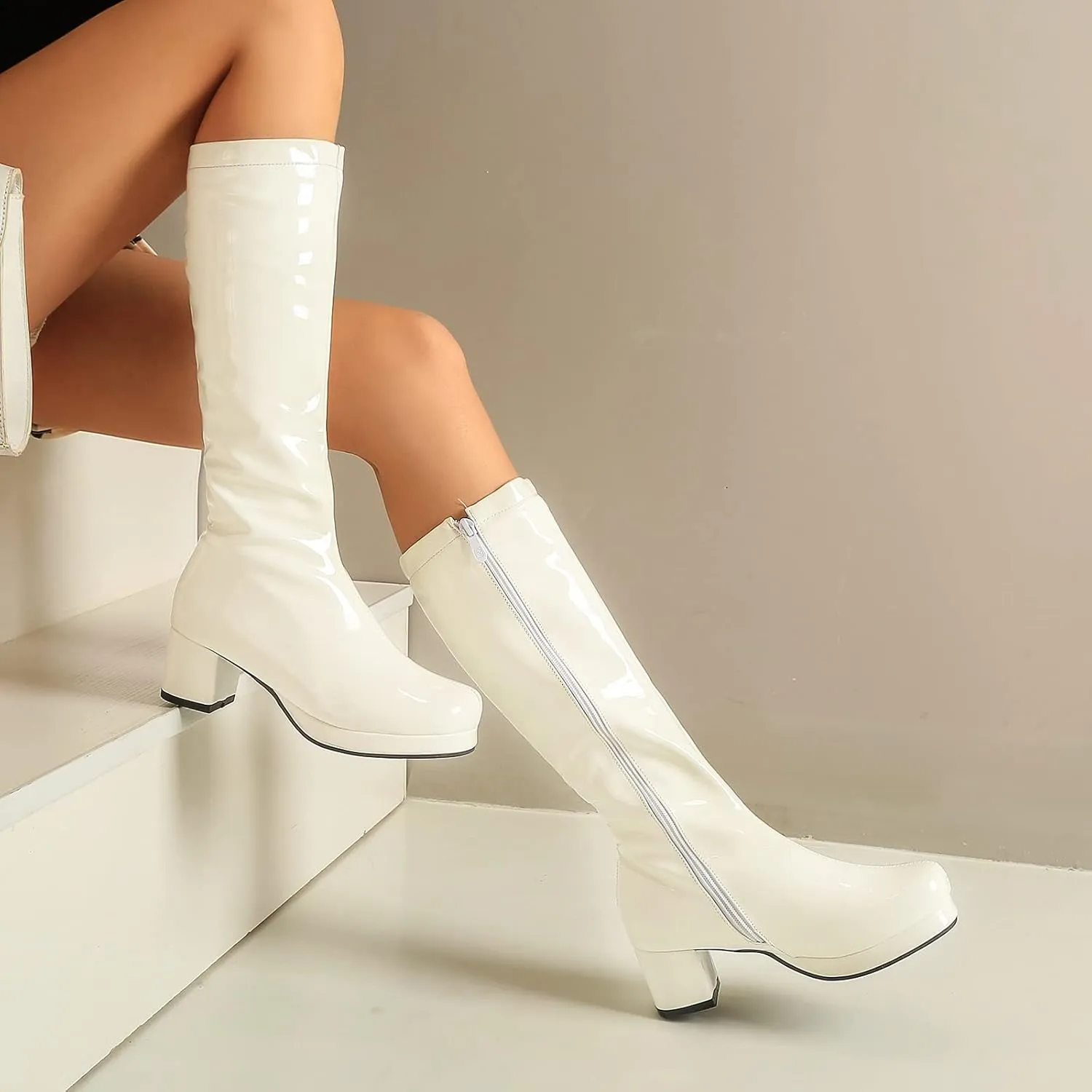 YIYA Women's Knee High GOGO Boots Colorful Patent Leather Waterproof Rain Boots Chunky Low Heel Party Costume Shoes