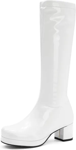 YIYA Women's Knee High GOGO Boots Colorful Patent Leather Waterproof Rain Boots Chunky Low Heel Party Costume Shoes