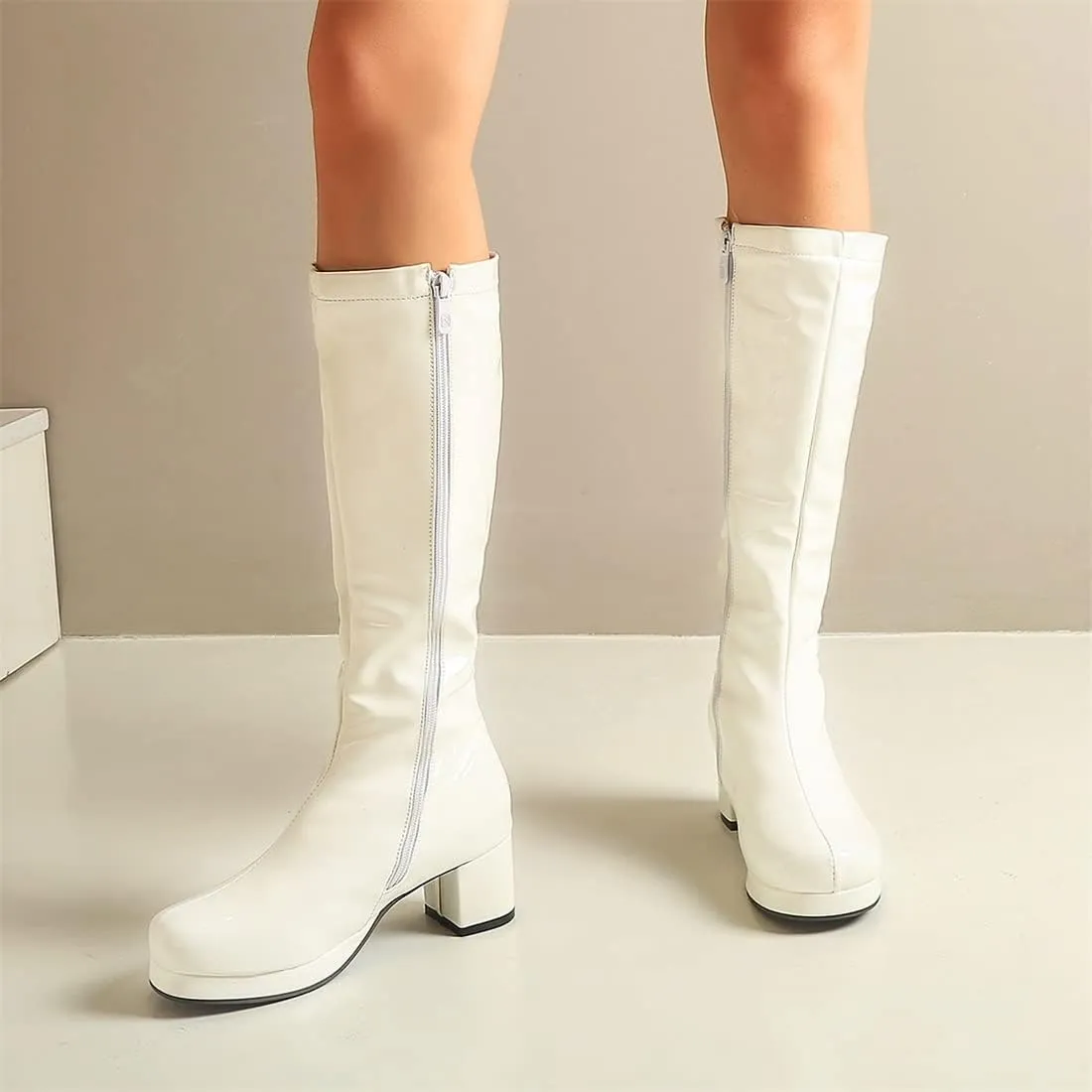 YIYA Women's Knee High GOGO Boots Colorful Patent Leather Waterproof Rain Boots Chunky Low Heel Party Costume Shoes
