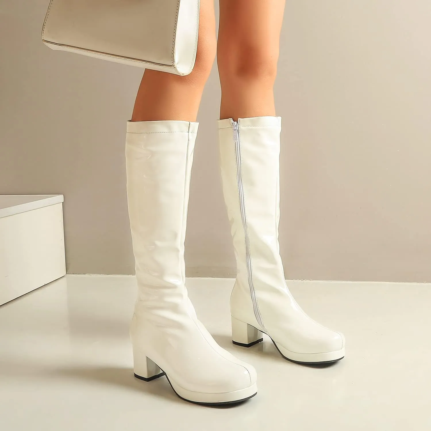 YIYA Women's Knee High GOGO Boots Colorful Patent Leather Waterproof Rain Boots Chunky Low Heel Party Costume Shoes