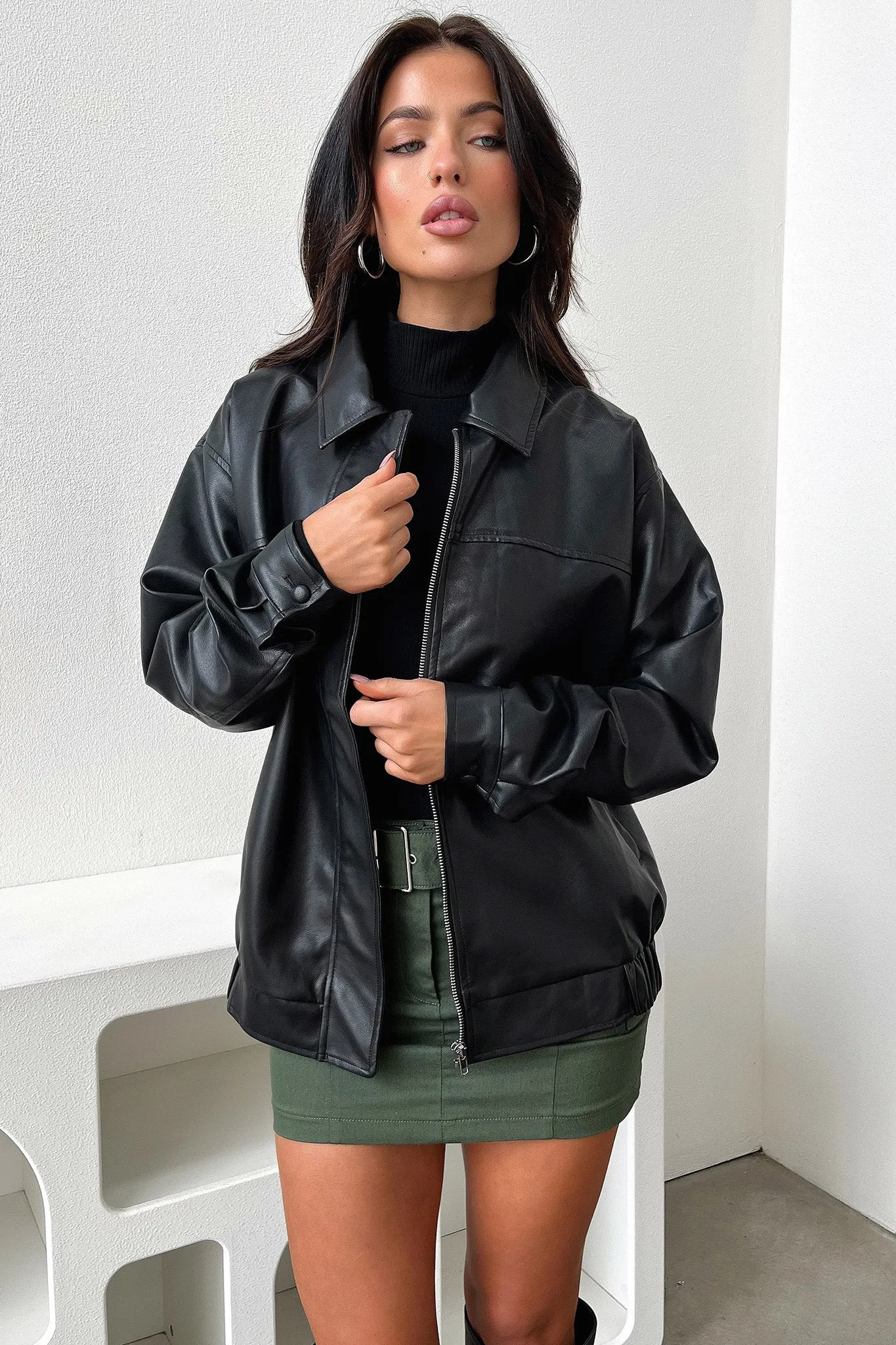Zeroni Faux Leather Bomber Jacket - Black